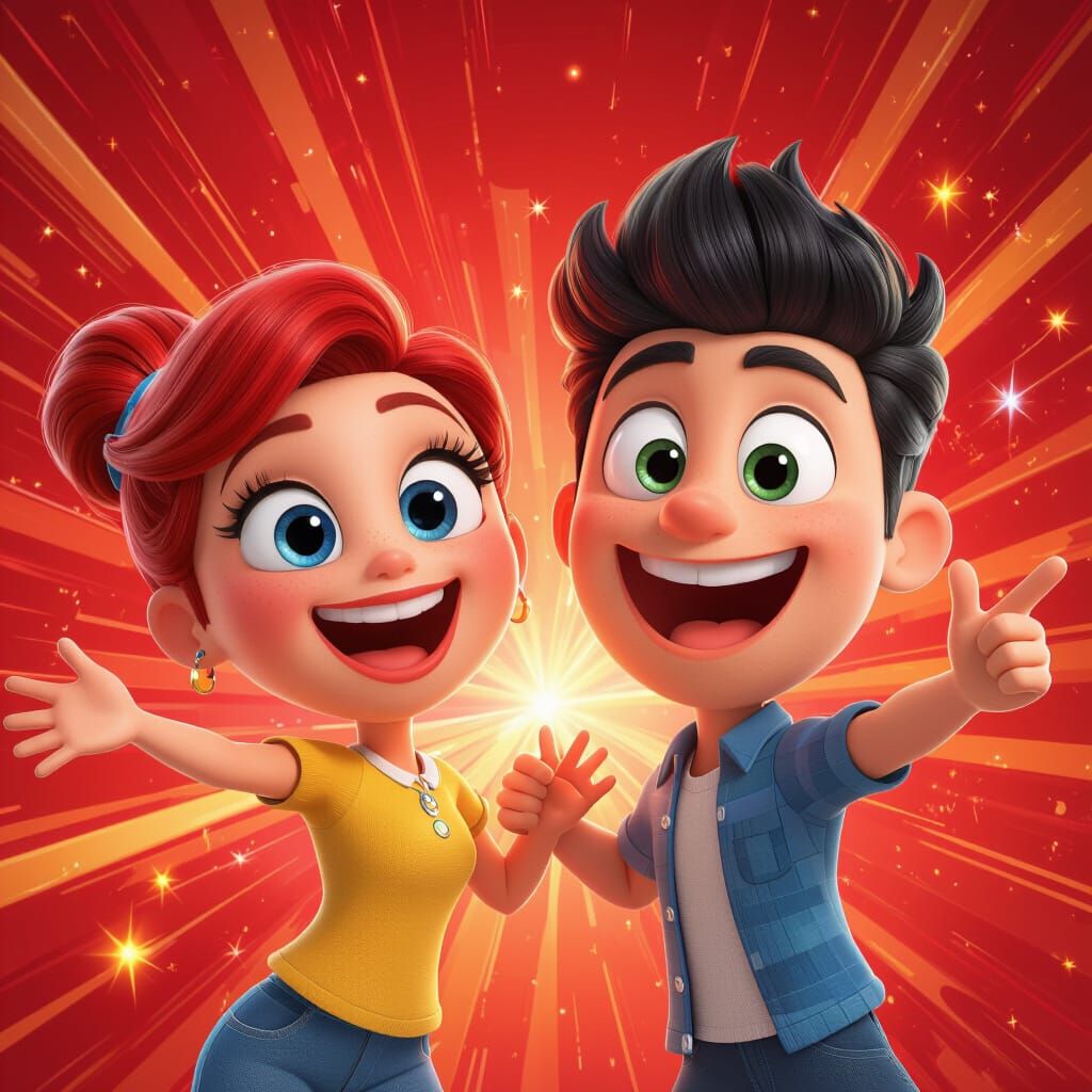 Energetic 3D Cartoon Characters in Pixar Style