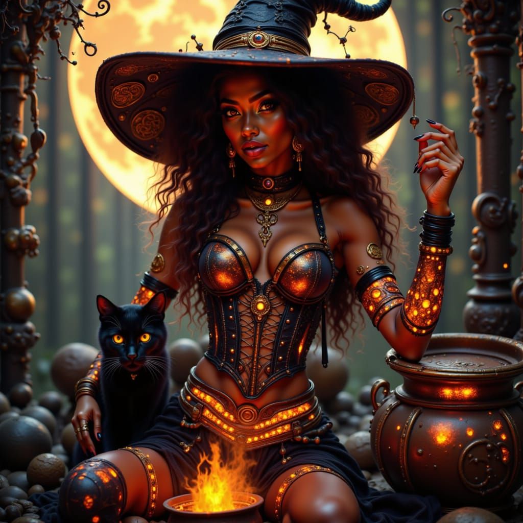 Steampunk Sorceress with Glowing Runes and Wiccan Symbols