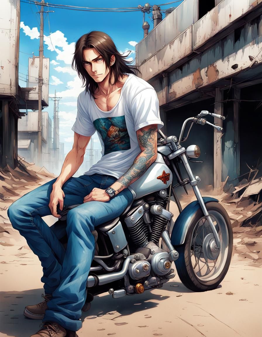 Biker in Post-Apocalyptic Anime Wonderland