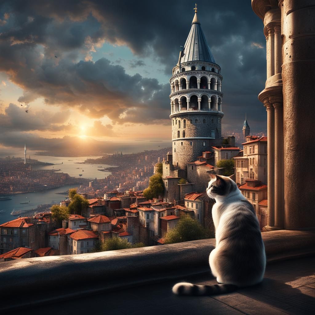 Galata Tower with Cat: Epic Digital Painting