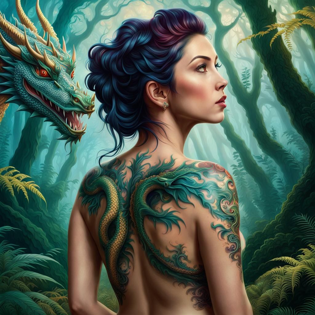 Woman with Dragon Tattoo in Psychedelic Forest