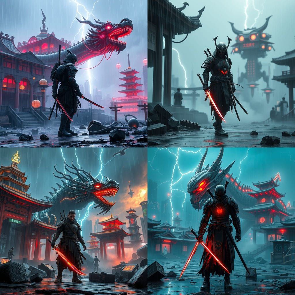 Cyber Samurai Battles Ancient Dragon War Machine in Ruined T...