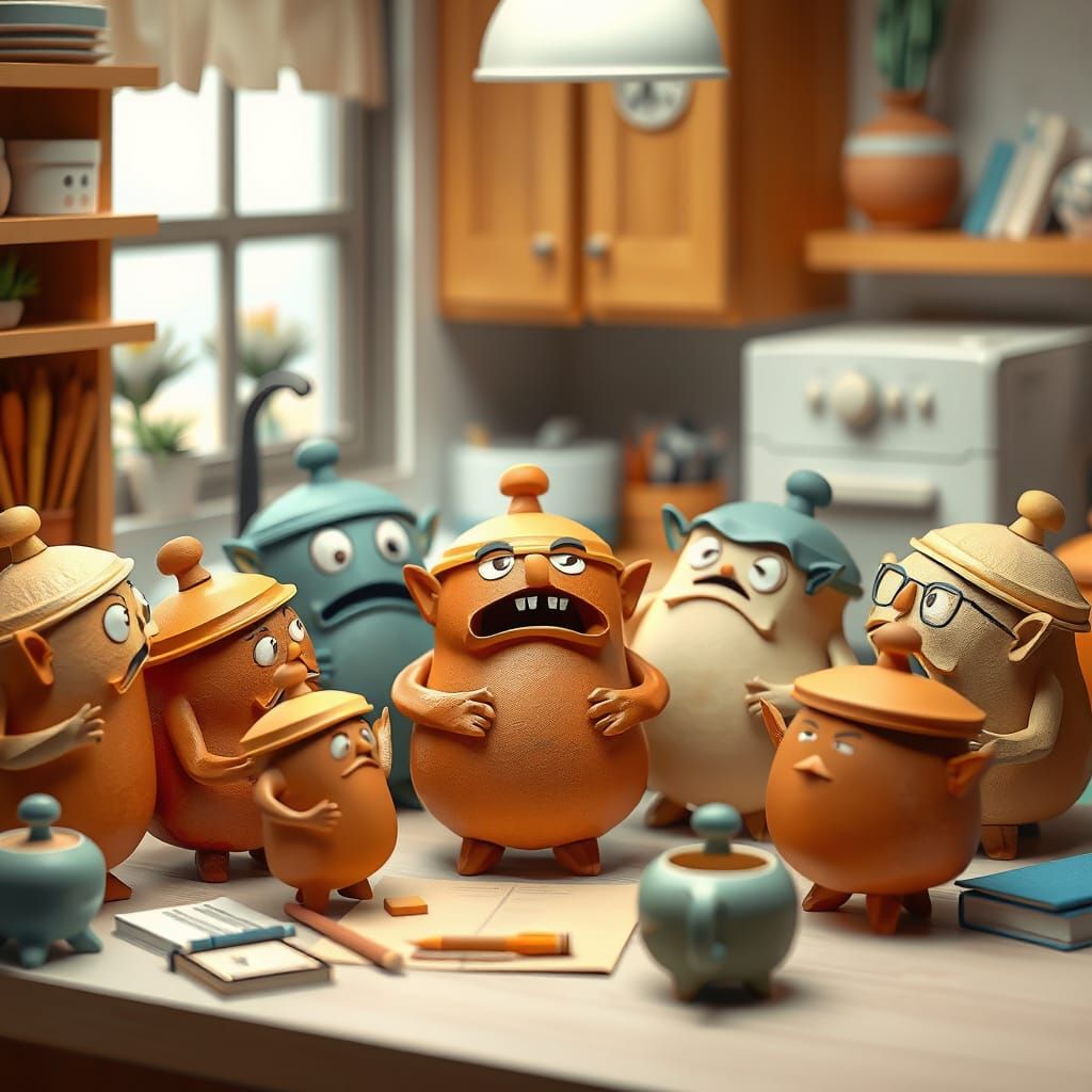 Anthropomorphic Pots Debate in a Kitchen, Fantasy Papercraft...