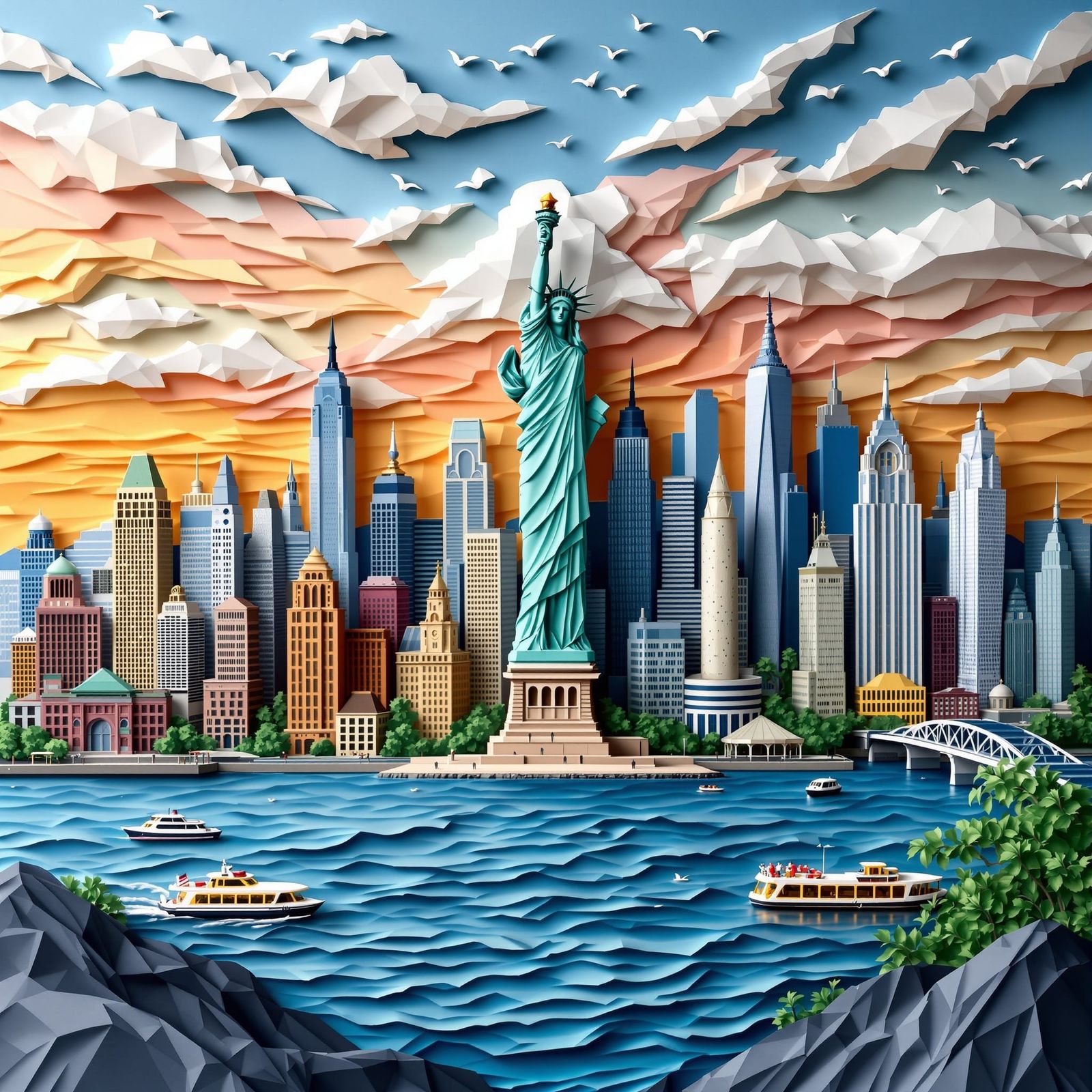 NYC Skyline as Detailed Paper Origami Art