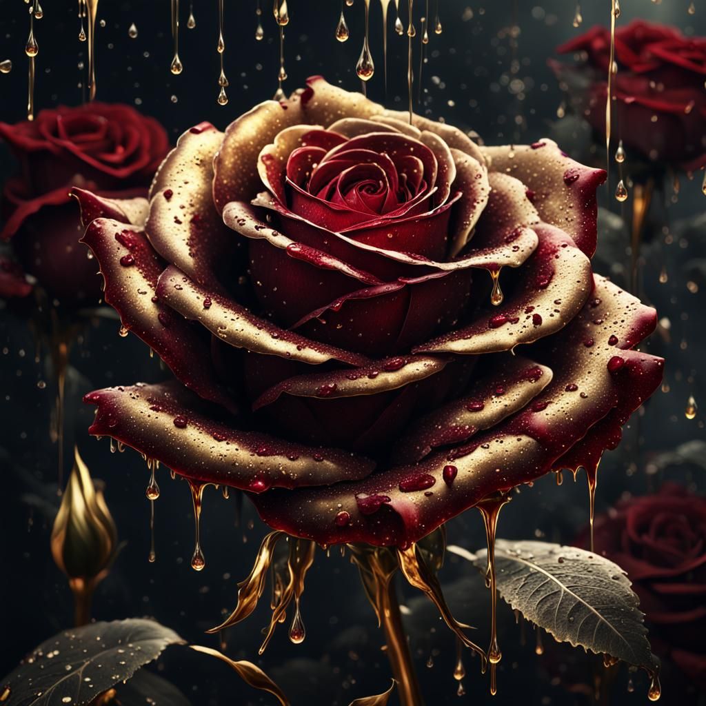Dark Red Rose Dripping Gold: Digital Masterpiece