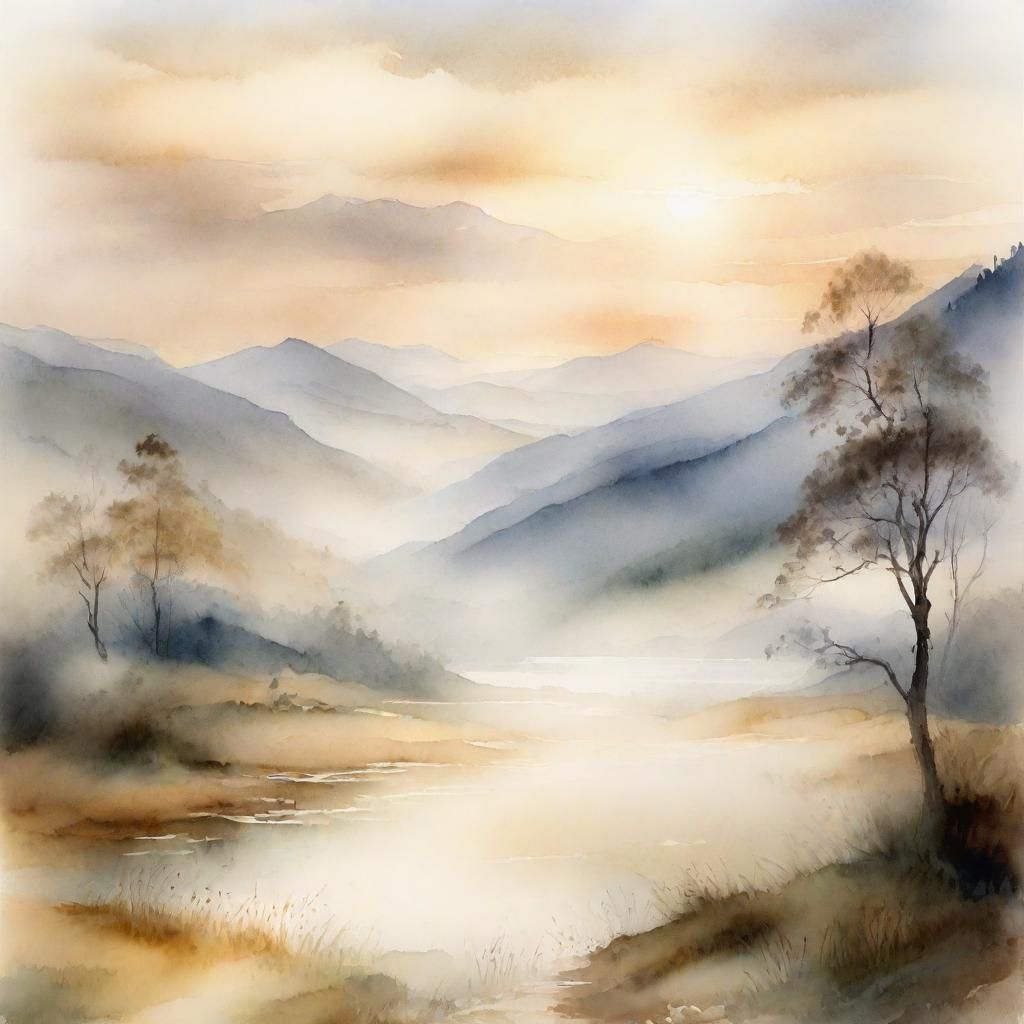 Ethereal Mountain Landscape Painting in Watercolor Style