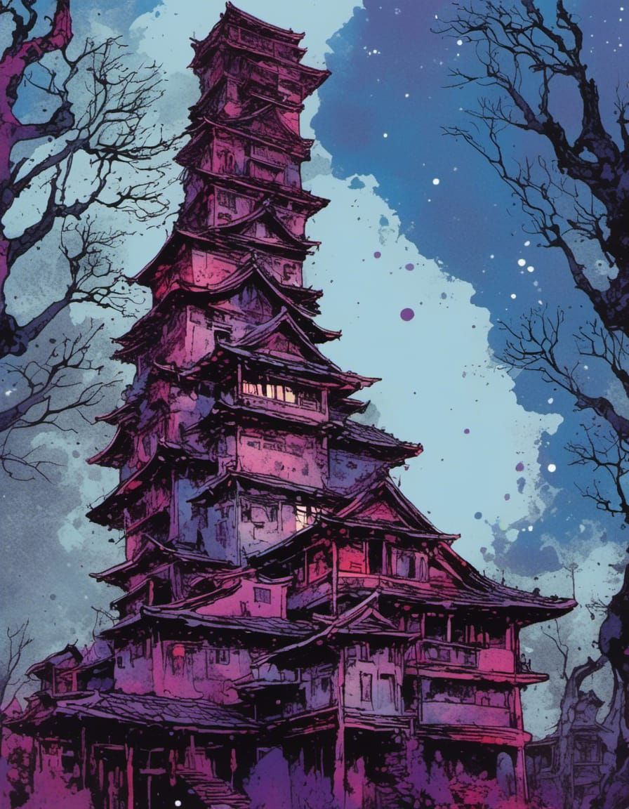 Korean Tower in Purple Retrowave Watercolor Style