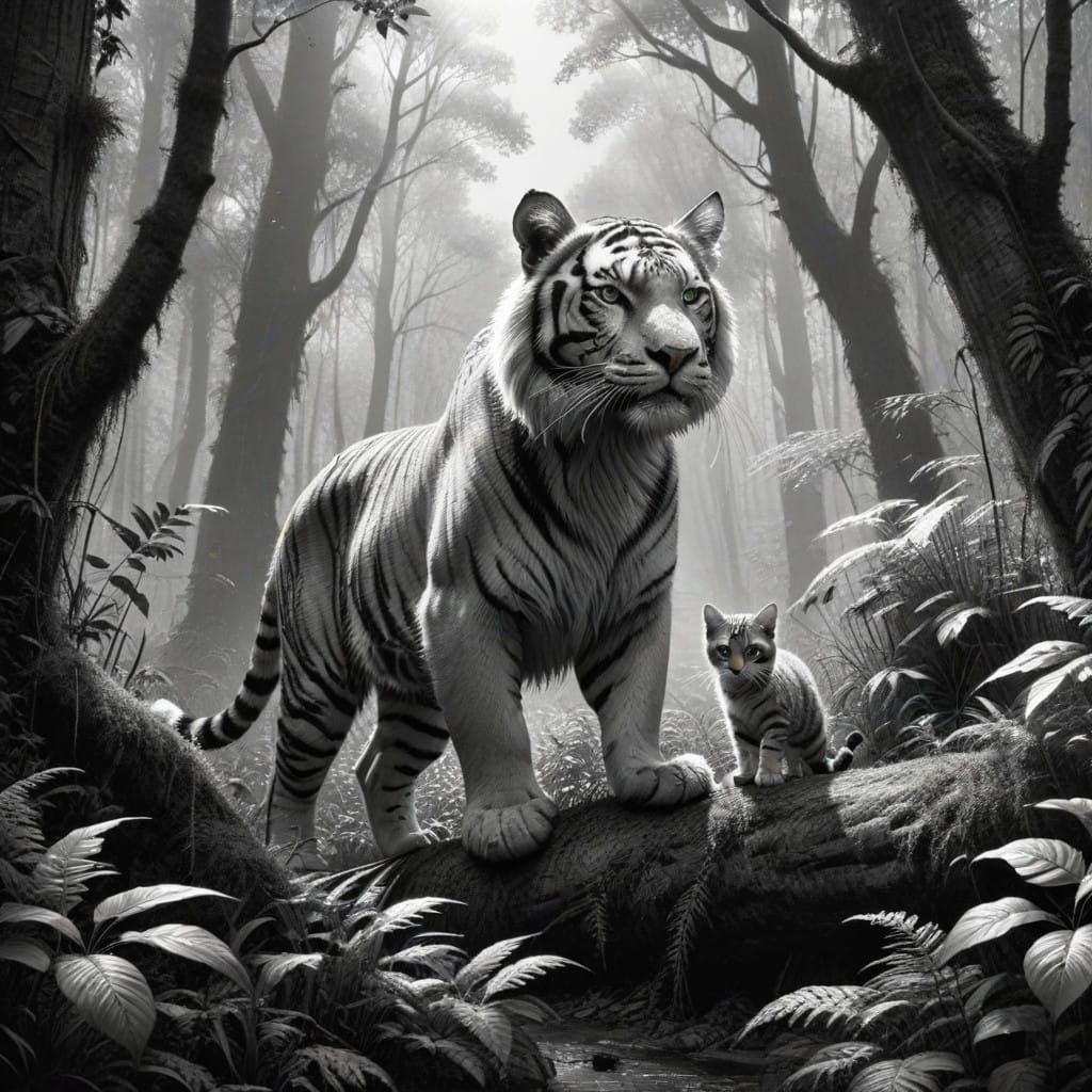 Tabby Cat and Tiger Explore a Monochromatic Forest in Marc S...
