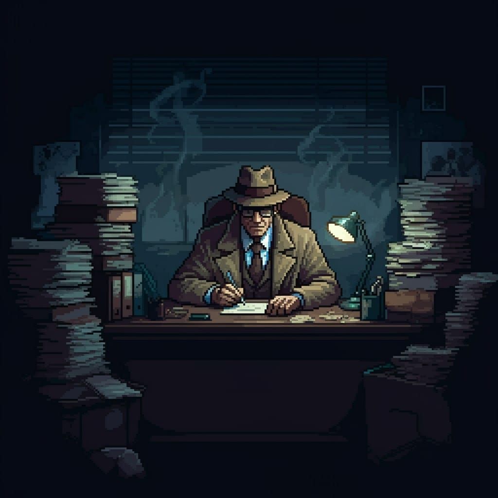 Pixel Art Detective in Film Noir Style