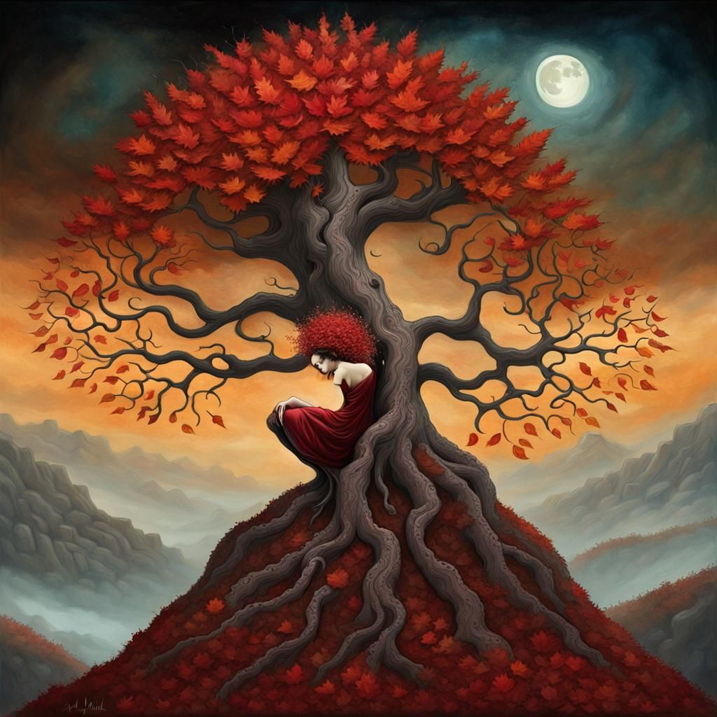 Mythical Creature in Autumn Tree: Surreal Fantasy Art