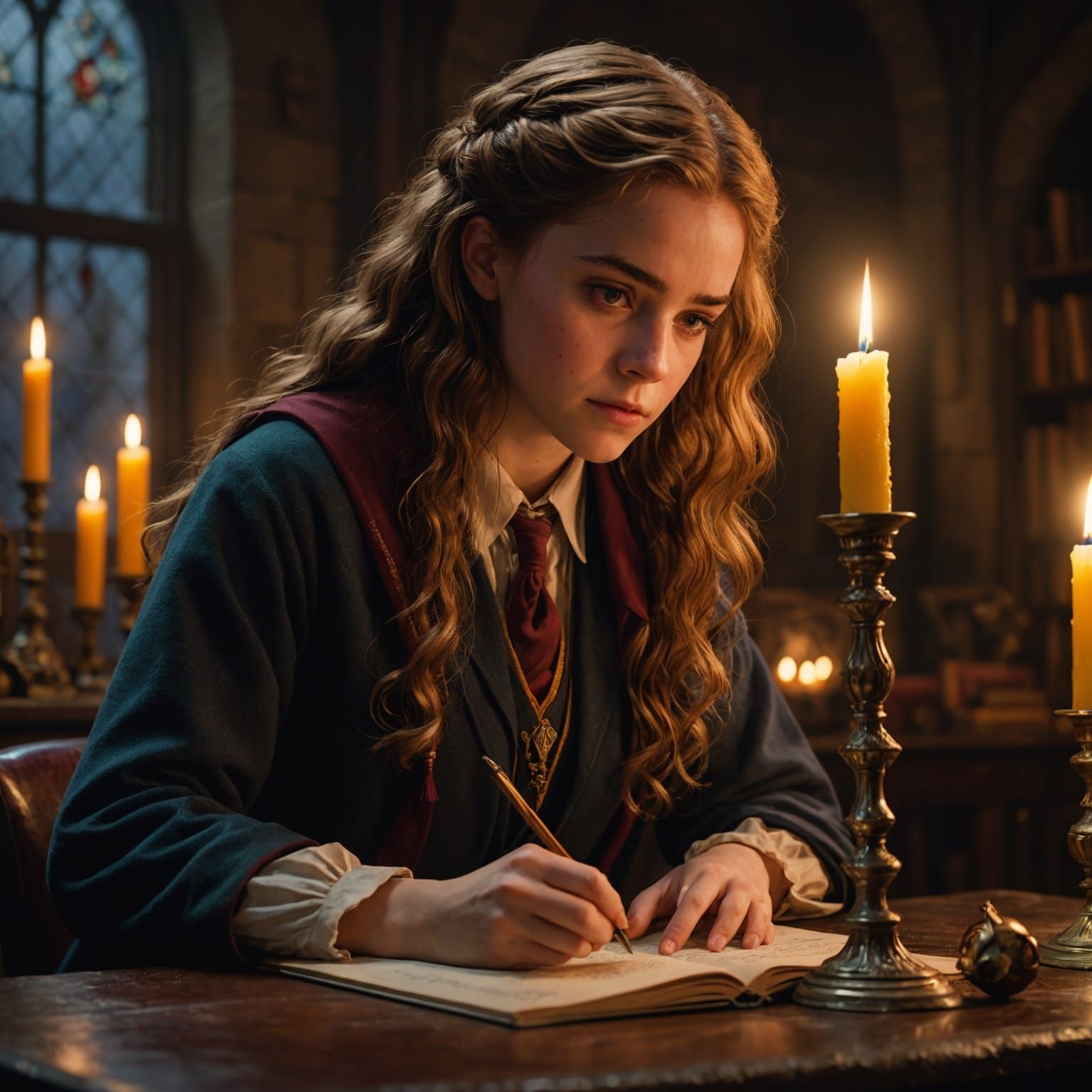 Hermione Granger Studying by Candlelight: Hyperrealistic Art