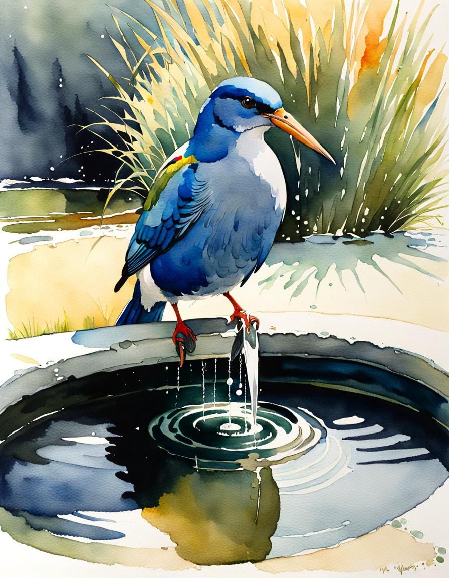 Bird Bathing in Fountain: Watercolor Style