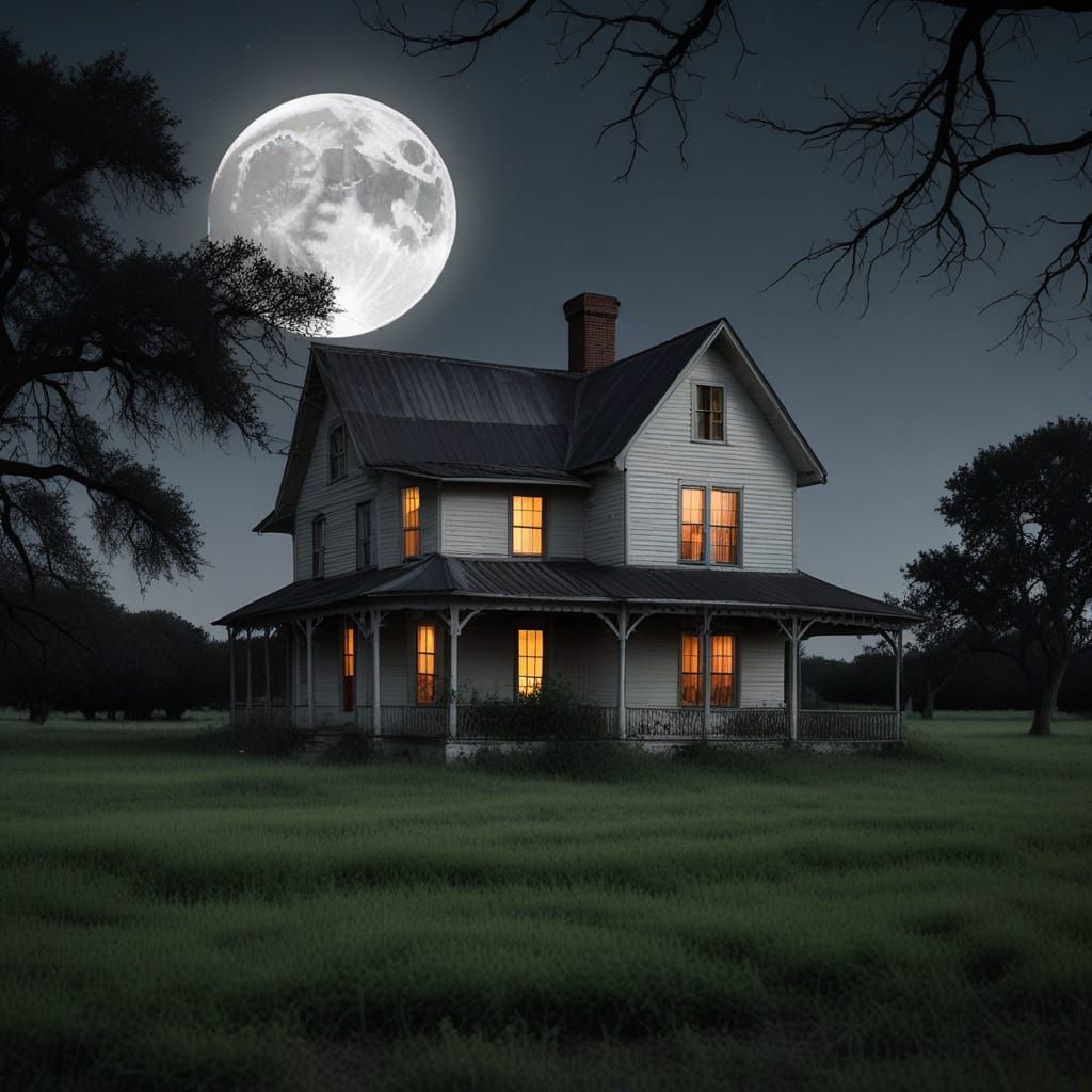 Haunted Texas Farmhouse Under Full Moon