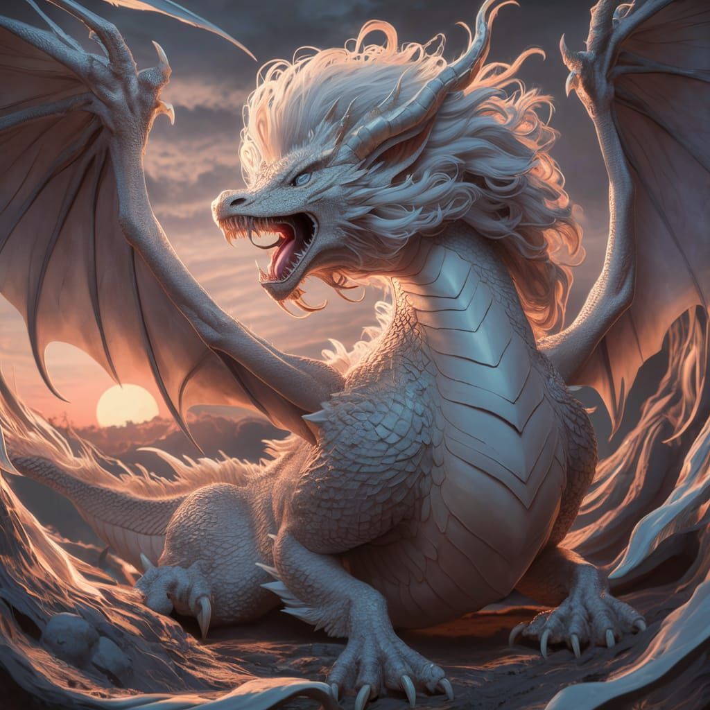 Majestic 3D Anime Dragon with Ethereal Setting Sun