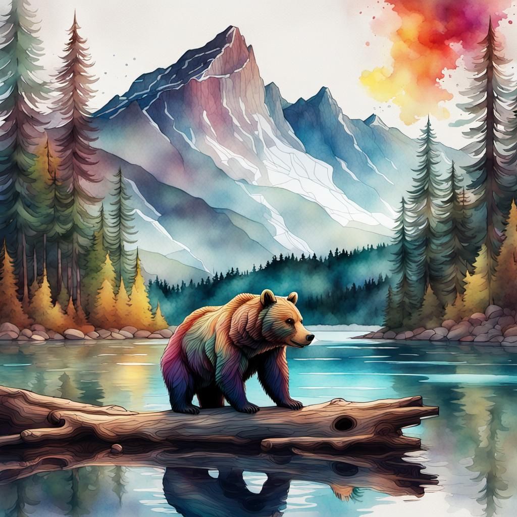 String Bear by Lake: Digital Watercolor Pyrography