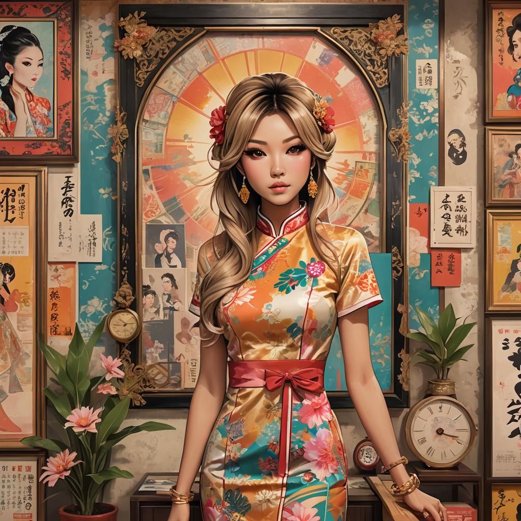 Gyaru Girl in Qipao with Retro Anime Aesthetic