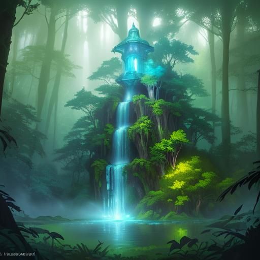 Druid-Paladin Guarding Mystical Fountain in Lush Forest