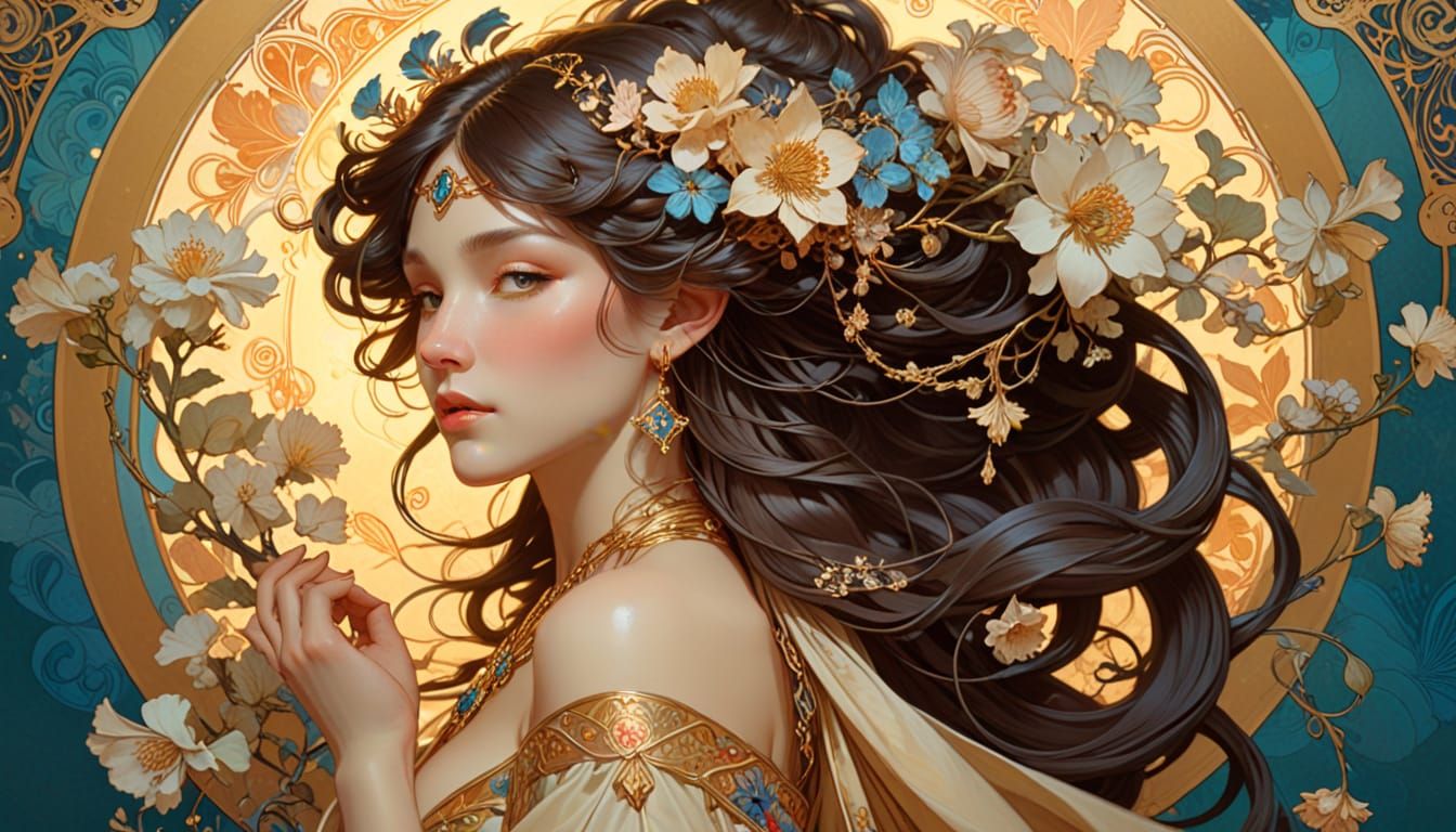 Mystical Sorceress with Flowers in Hair, Art Nouveau Style