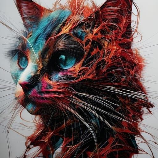 Hyperrealistic Chibi Cat Portrait in Inkblot Style