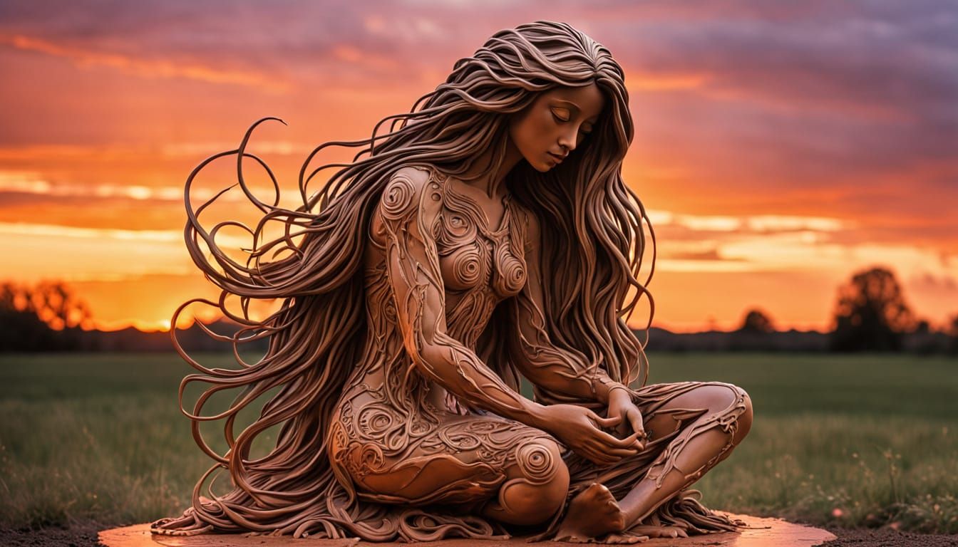 Clay Sculpture of Figure with Broken Mirrors at Sunset