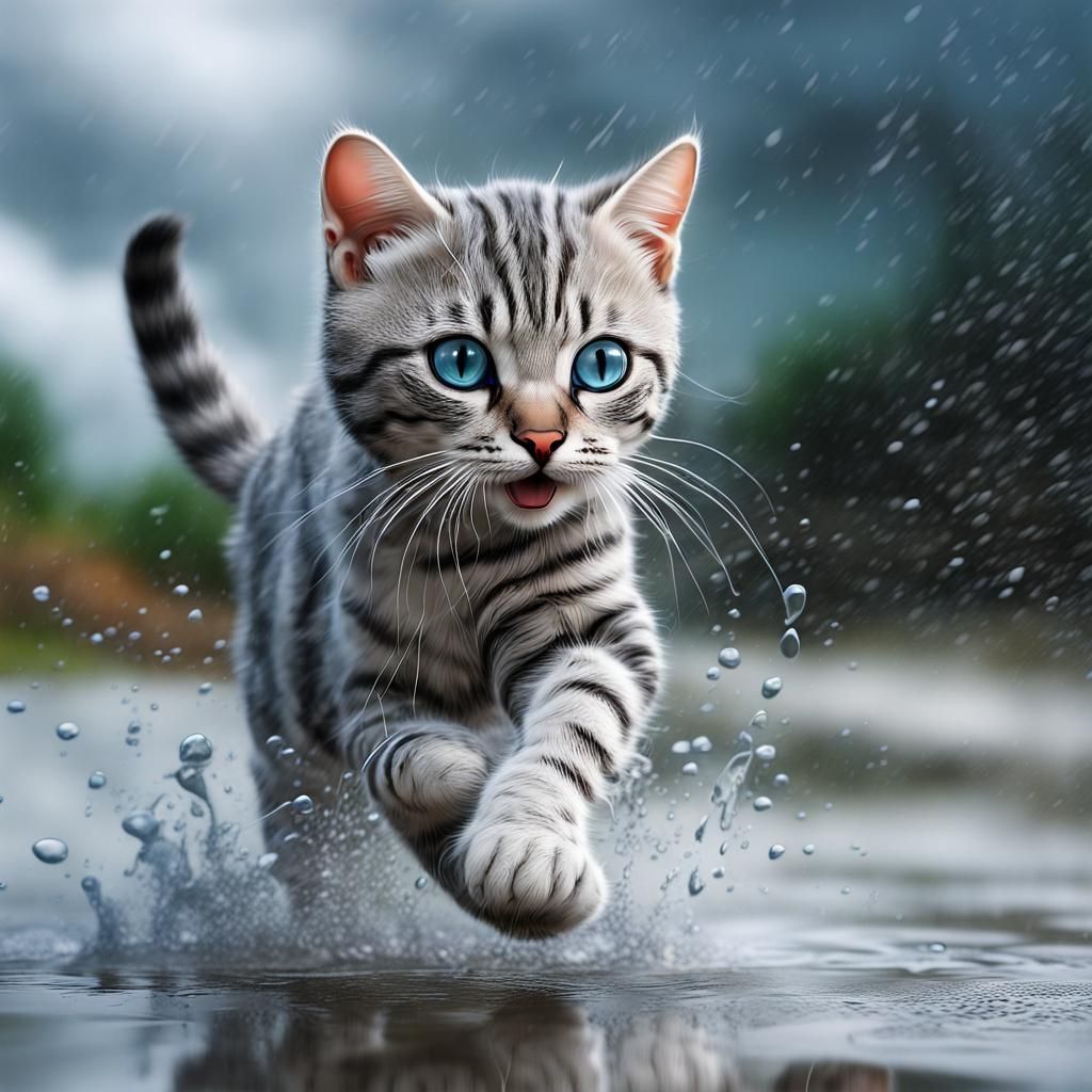 Playful Tabby Cat in Rainy Weather