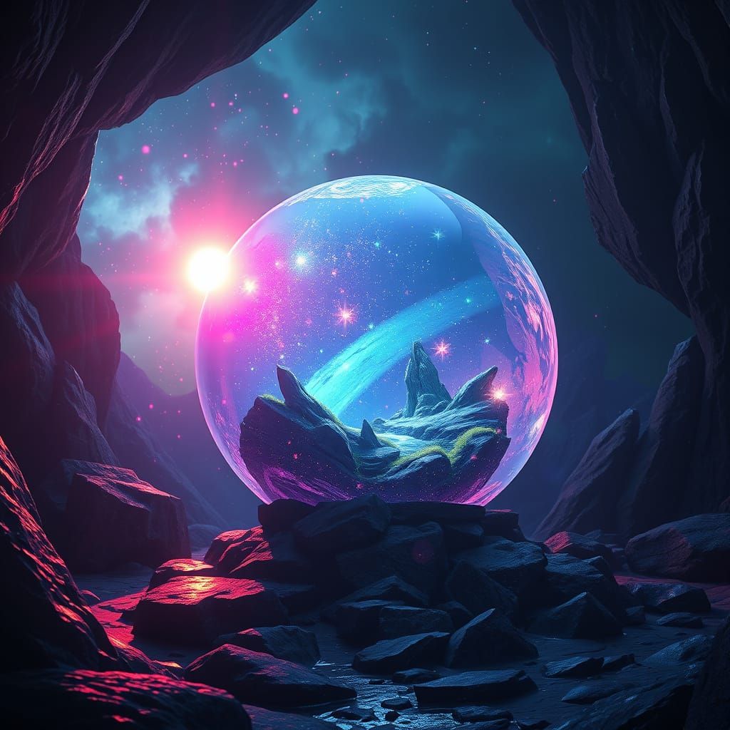 Vibrant Nighttime Scene within a Crystal Orb in a Fantastica...