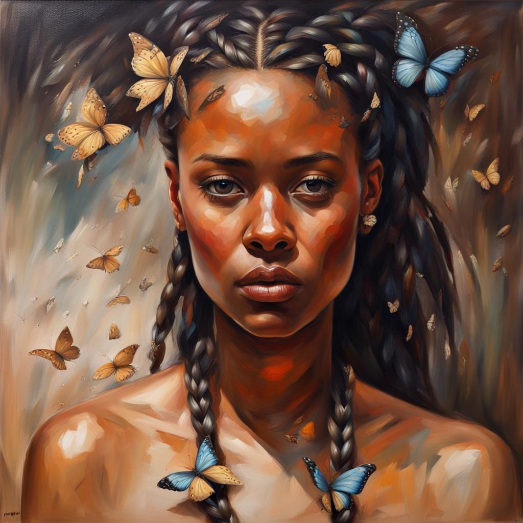 Woman with Butterflies: Photorealistic Oil Painting Portrait