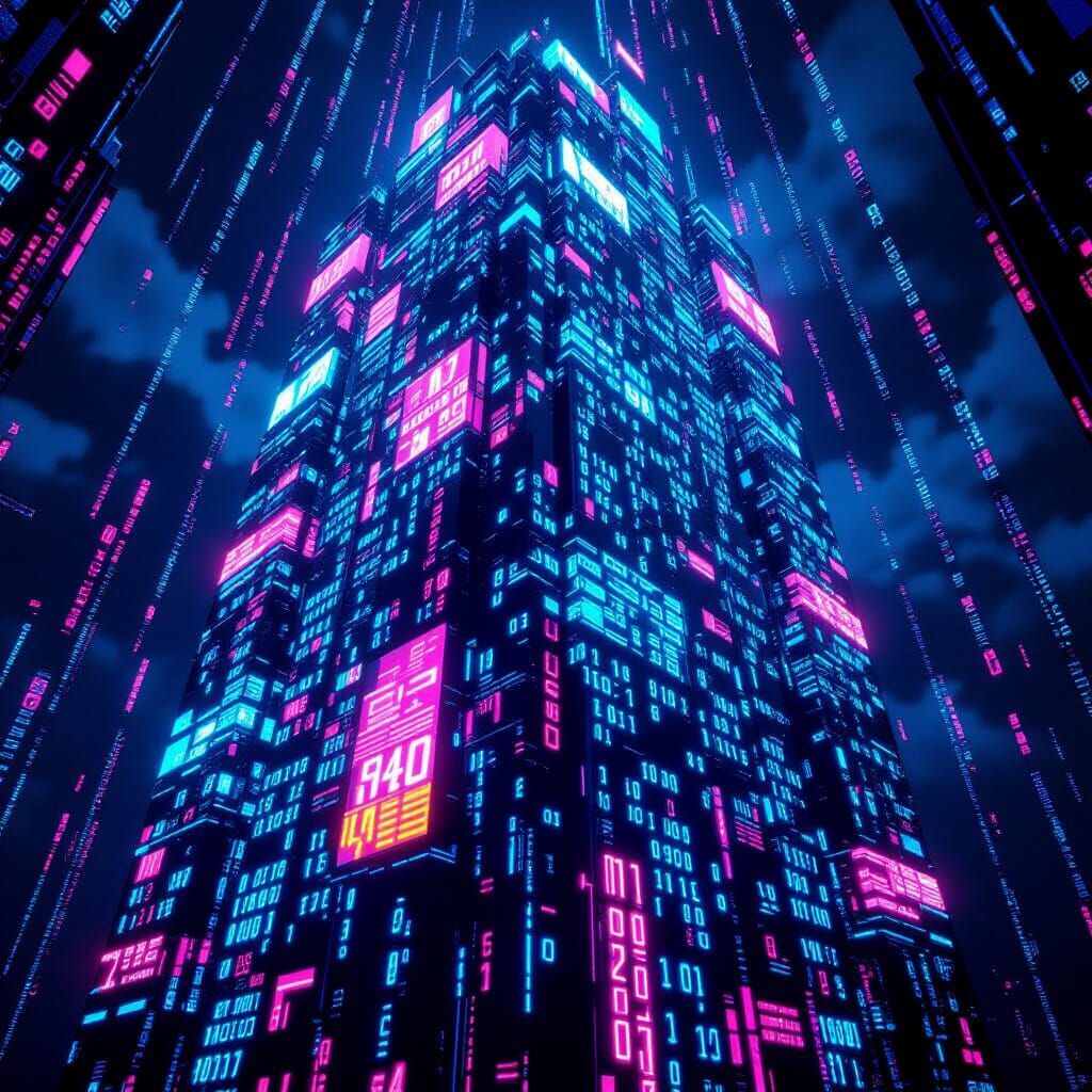 Futuristic Digital Skyscraper with Neon Data Streams