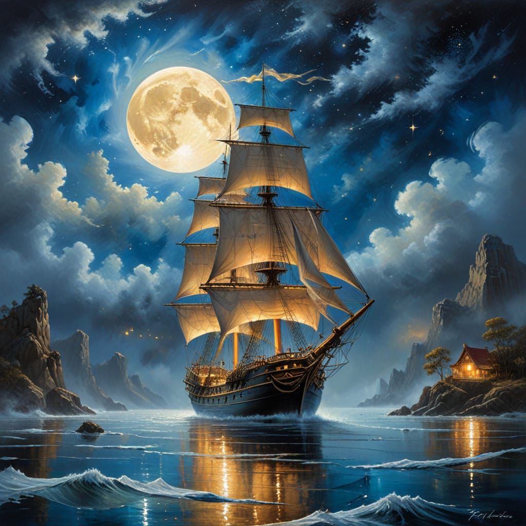 Spectral Sailing Ship Under Blue Moonlit Sea