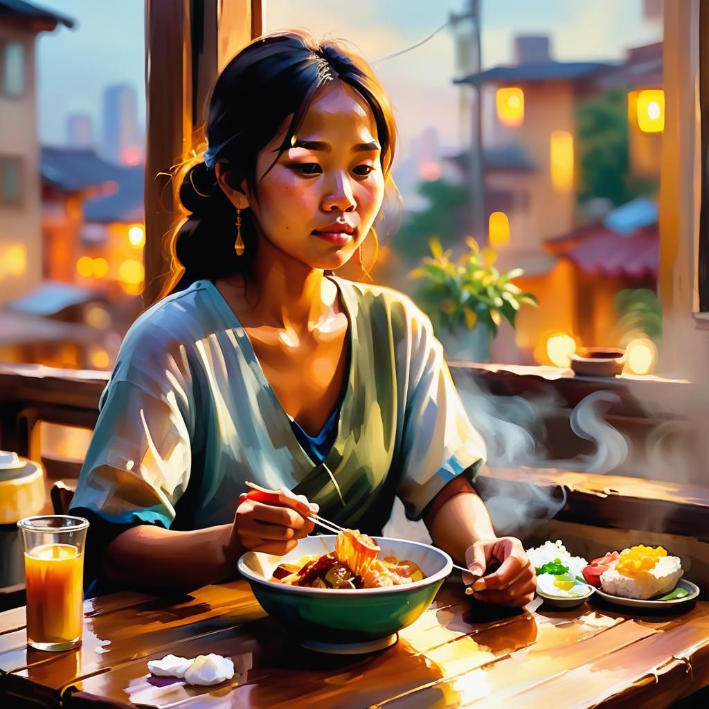 Filipina Woman's Supper: Impressionist Digital Painting