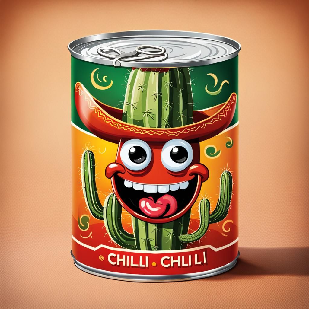 Chili Can Character with Cactus Eyes and Sombrero
