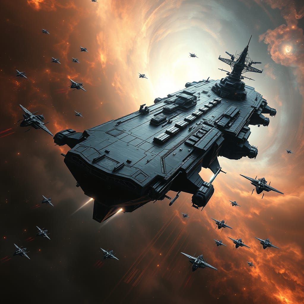 Galactic Aircraft Carrier in Nebula, Military Concept Art