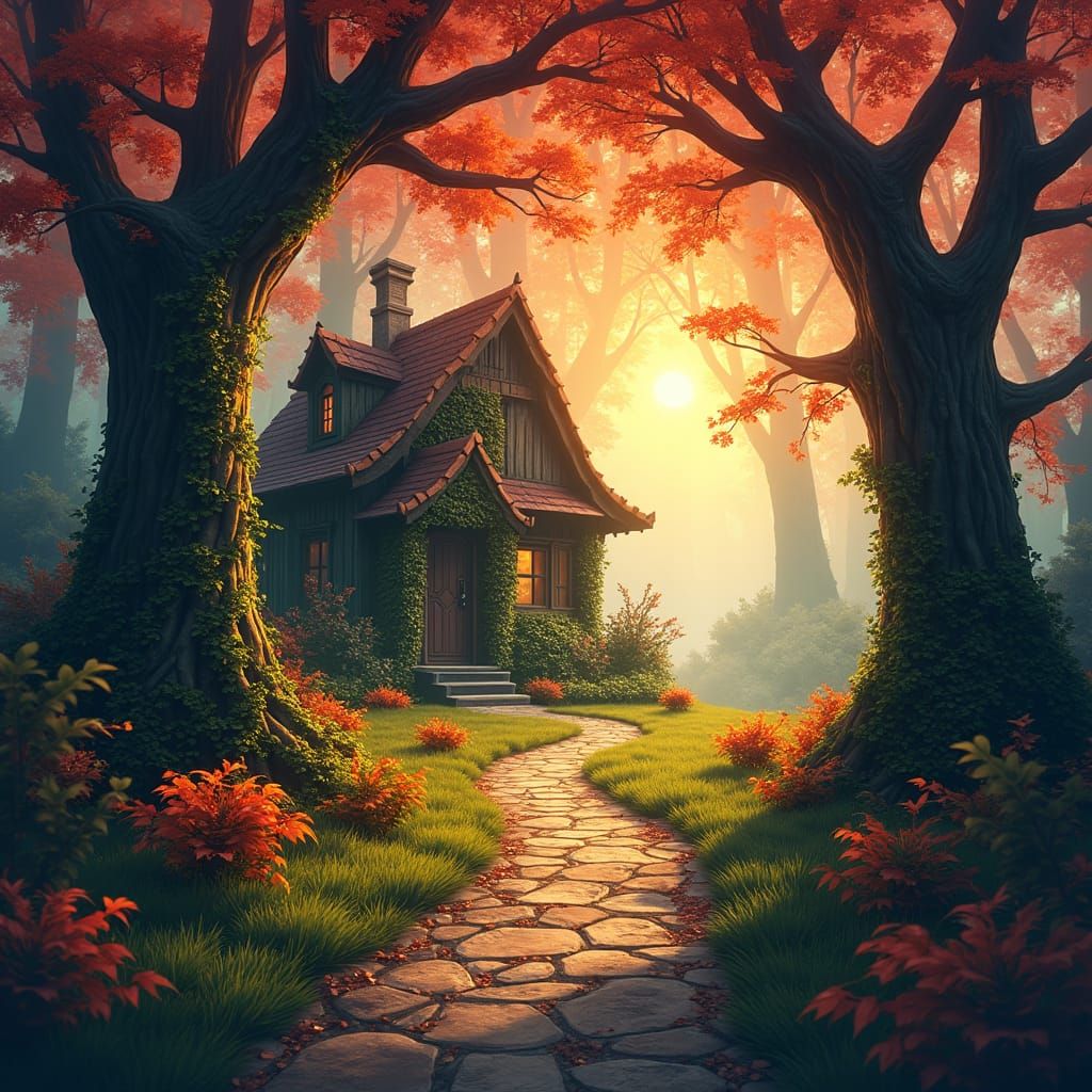 Enchanted Forest Path to Cottage in Fantasy Art Style