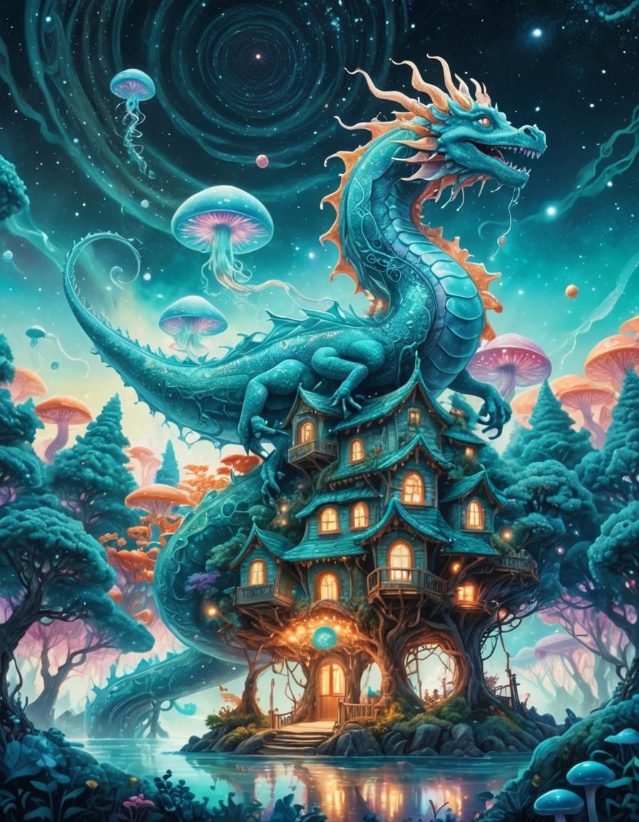 Turquoise Dragon in Magical Alien Landscape