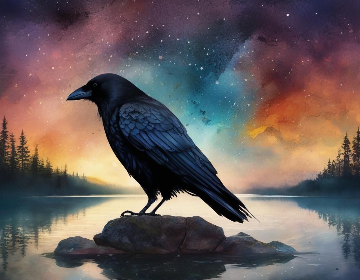 Majestic Crow Silhouetted Against a Starry Winter Sky in Art...