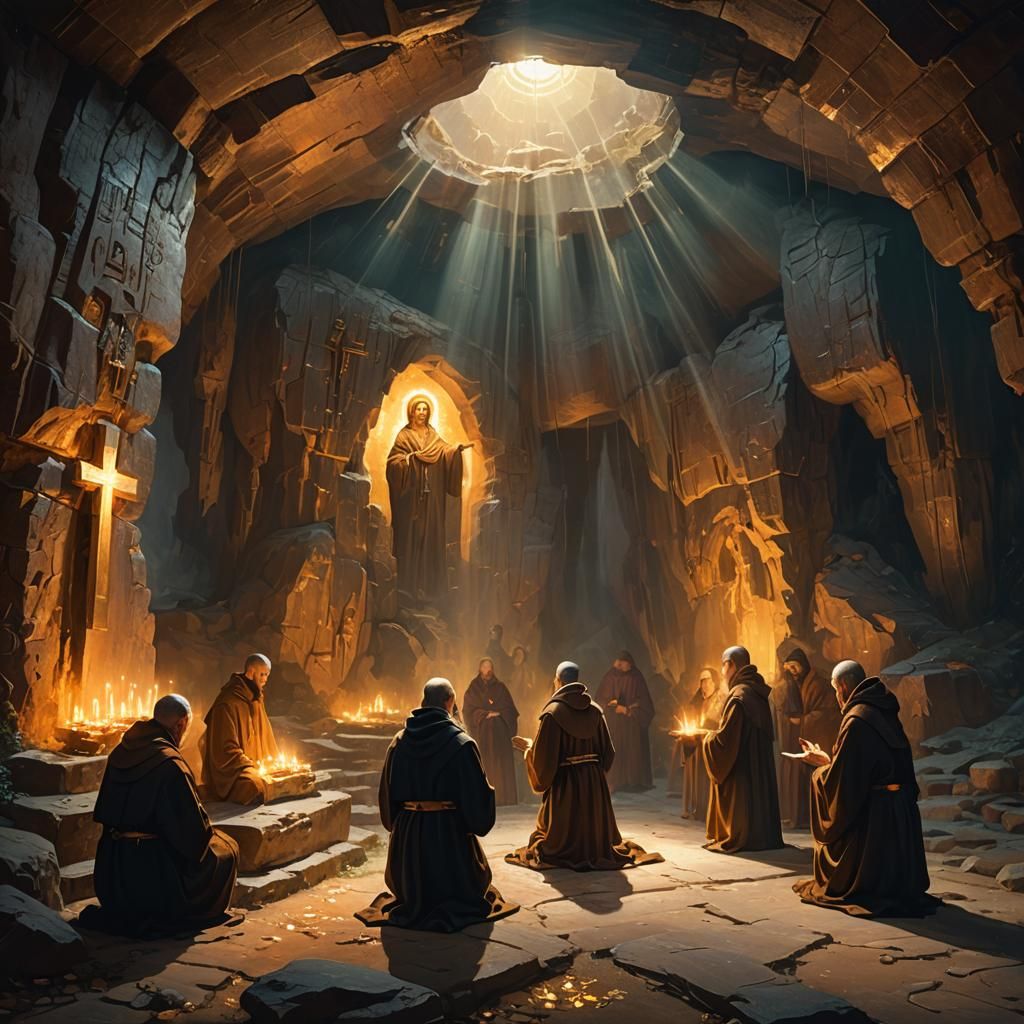 Monastic Orthodox Monks Praying In A Cave in front of a Jesu...
