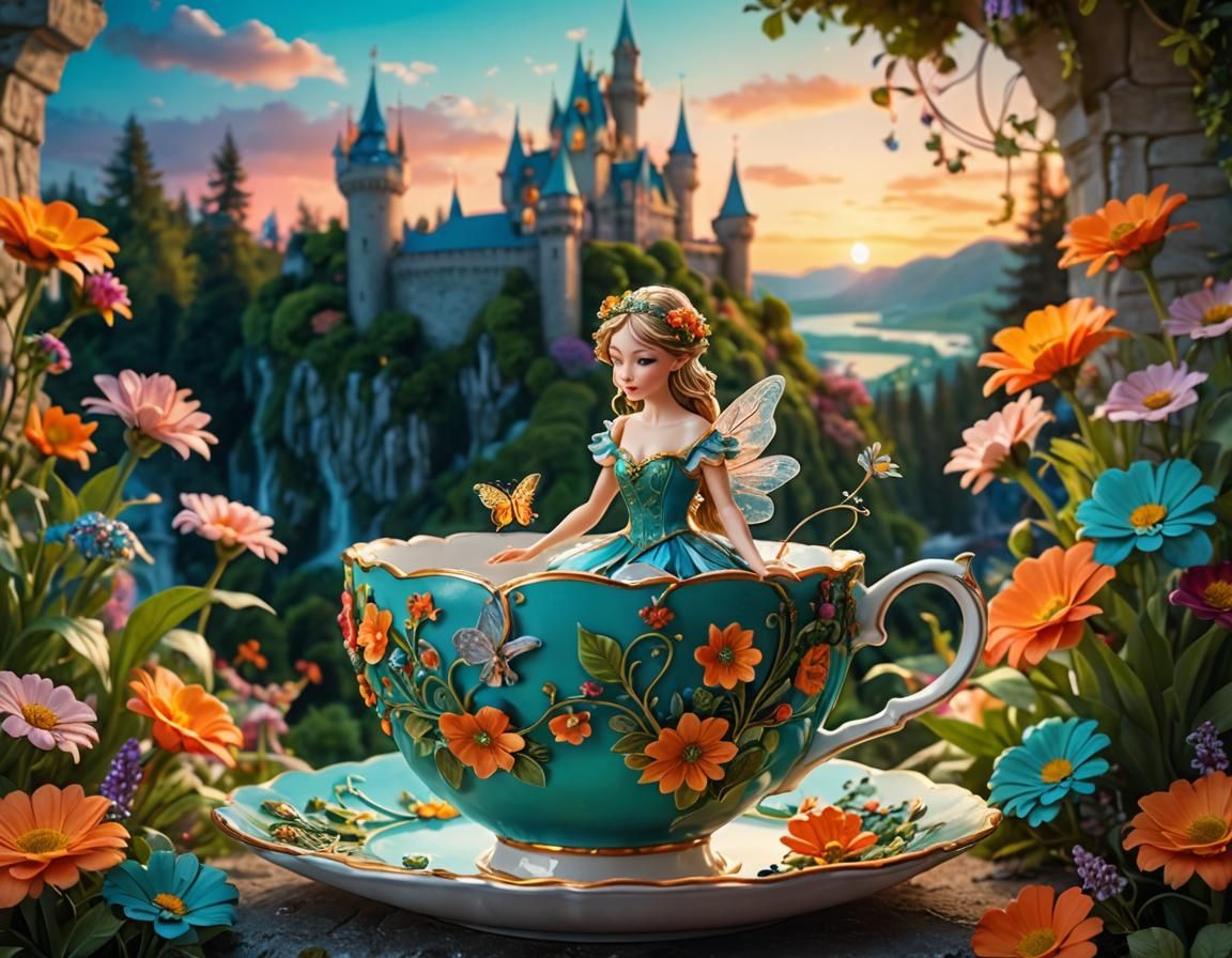 Fairy Tale Teacup Scene with Miniature Castle