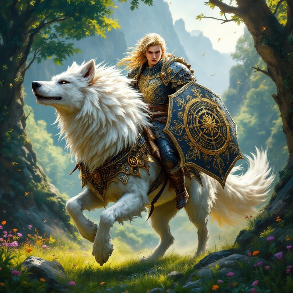 Ethereal Warrior Rides Majestic Wolf Through Fantasy Realm