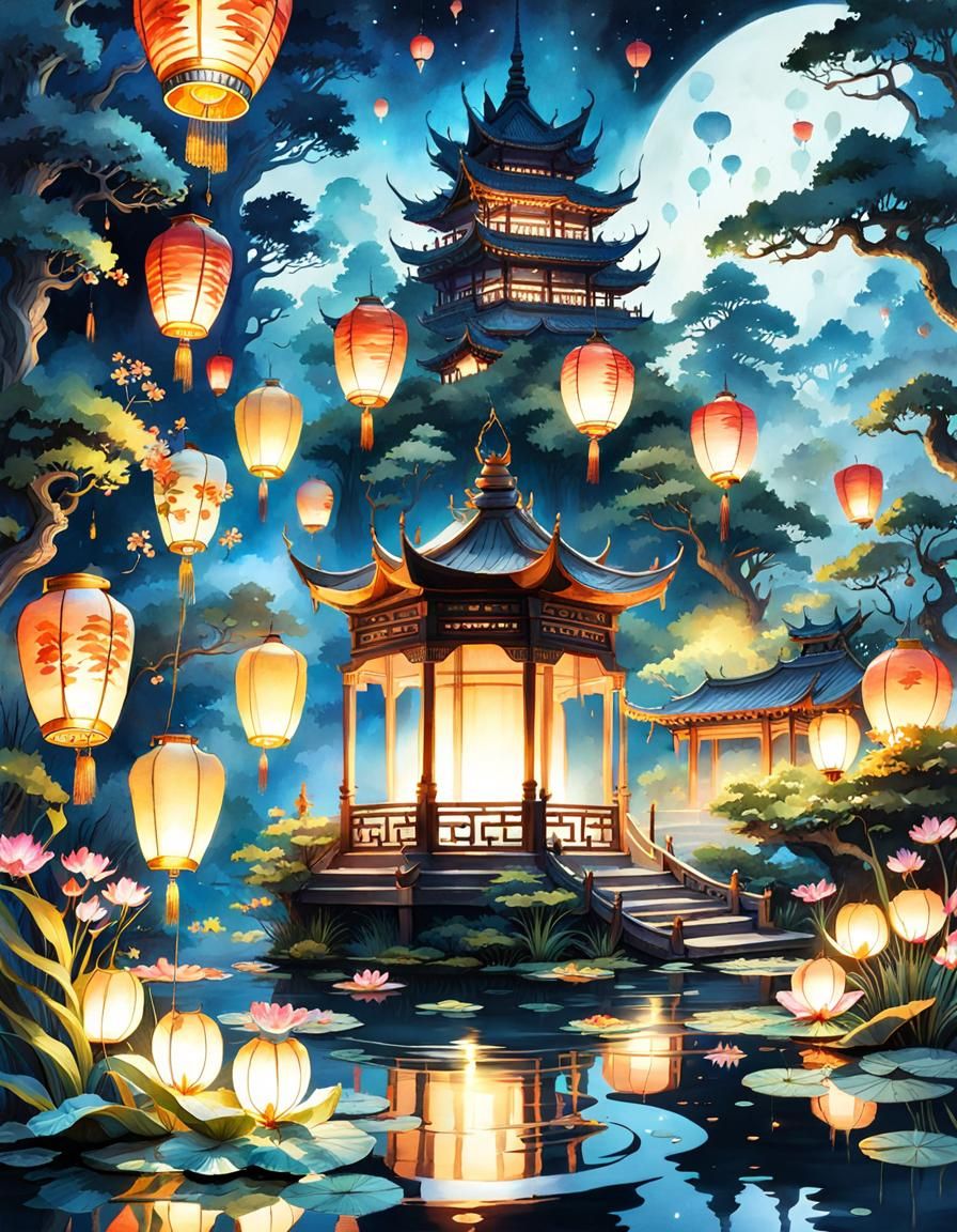 Magical Lanterns Over Asian Fantasy Pond