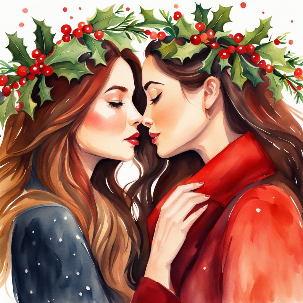 Festive Watercolor: Women Kissing Under Mistletoe