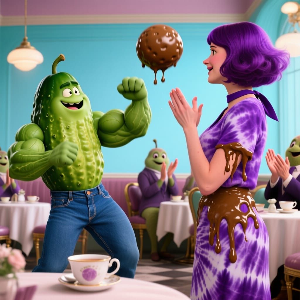 Anthro-Pickle Man Tosses Ball in Tea Parlour