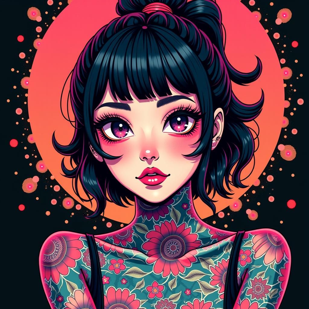 Japanese Rave Girl with Neon Tattoos and Tribal Art