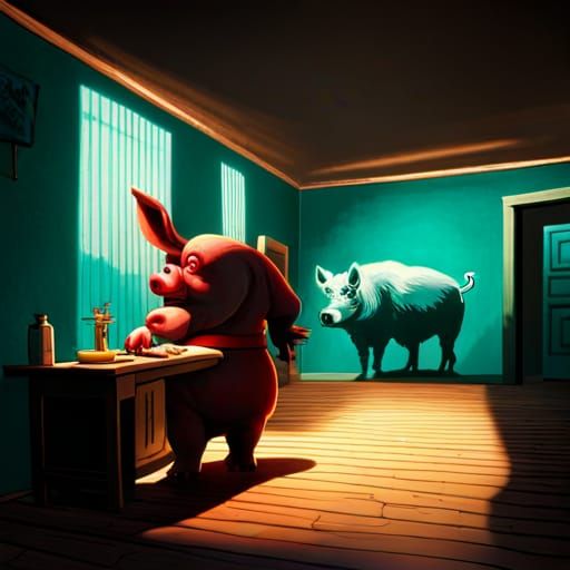 Butcher Pig in Apron: A Dramatic Oil Painting