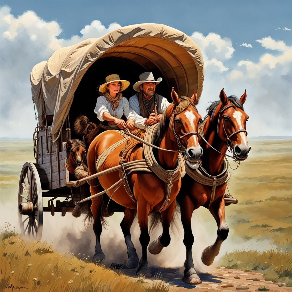 Pioneer Couple's Journey Across Kansas, Frazetta Style