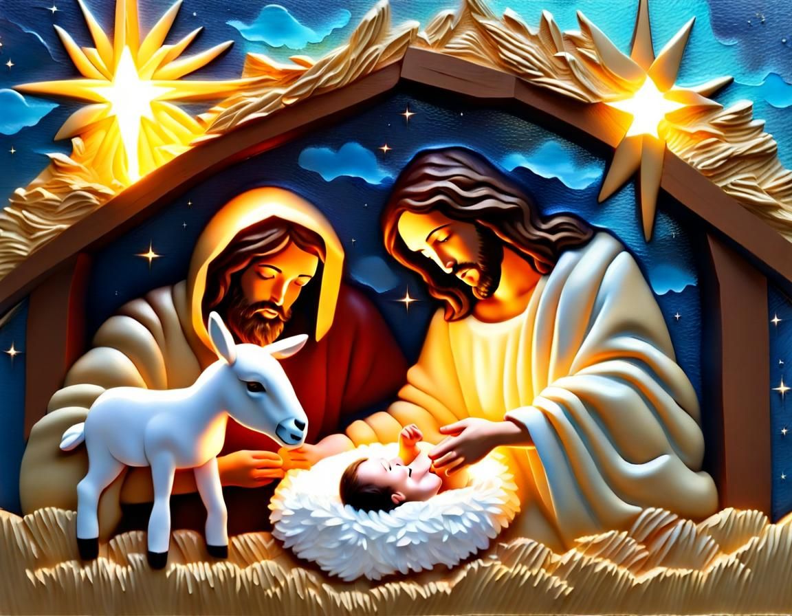 Jesus as a baby in the manger surrounded by lambs and a donkey with light that shines down  8K 3D impasto iridescent mix...