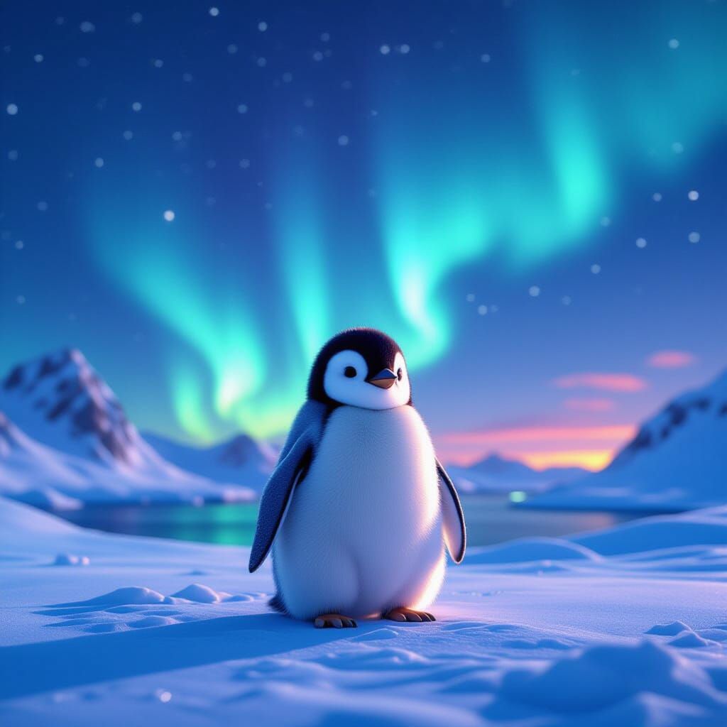 Penguin Chick Under Aurora Borealis in 3D Anime Style