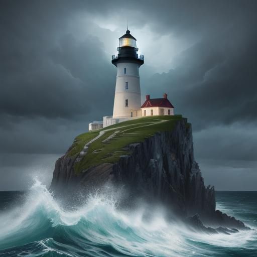 Hyperrealistic Lighthouse Guiding Ships Through Storm