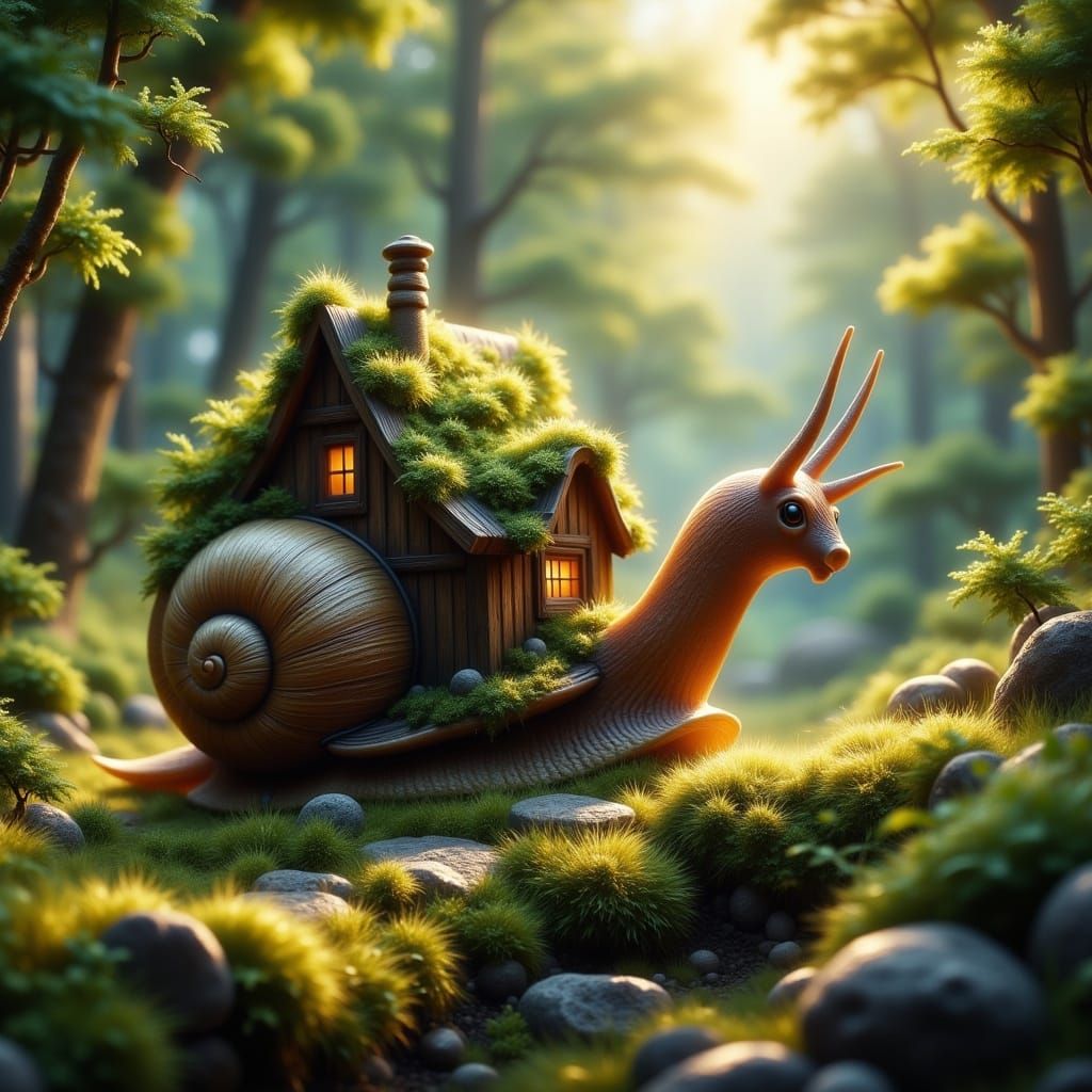 Snail Carries a Delightful Moss-Covered Cottage in a Whimsic...