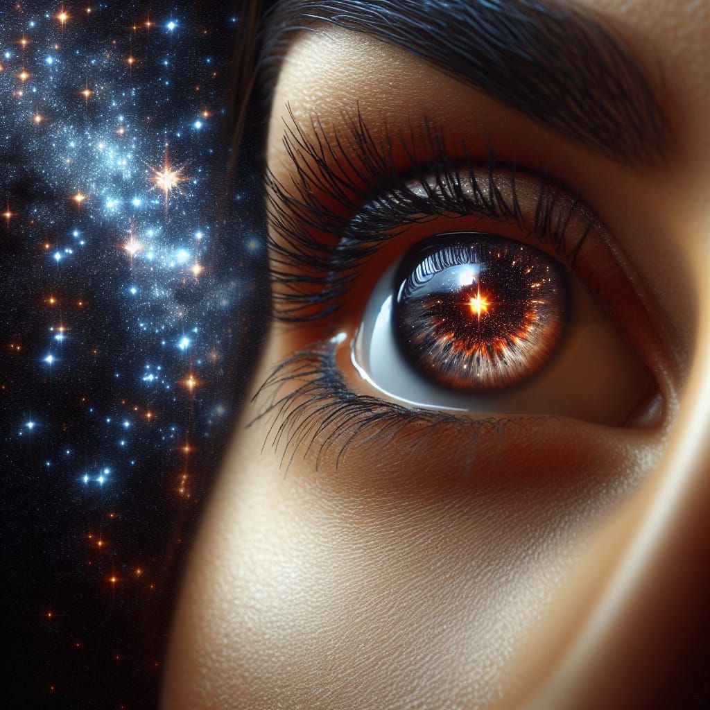 Hispanic Woman's Eye Reflecting Starry Night