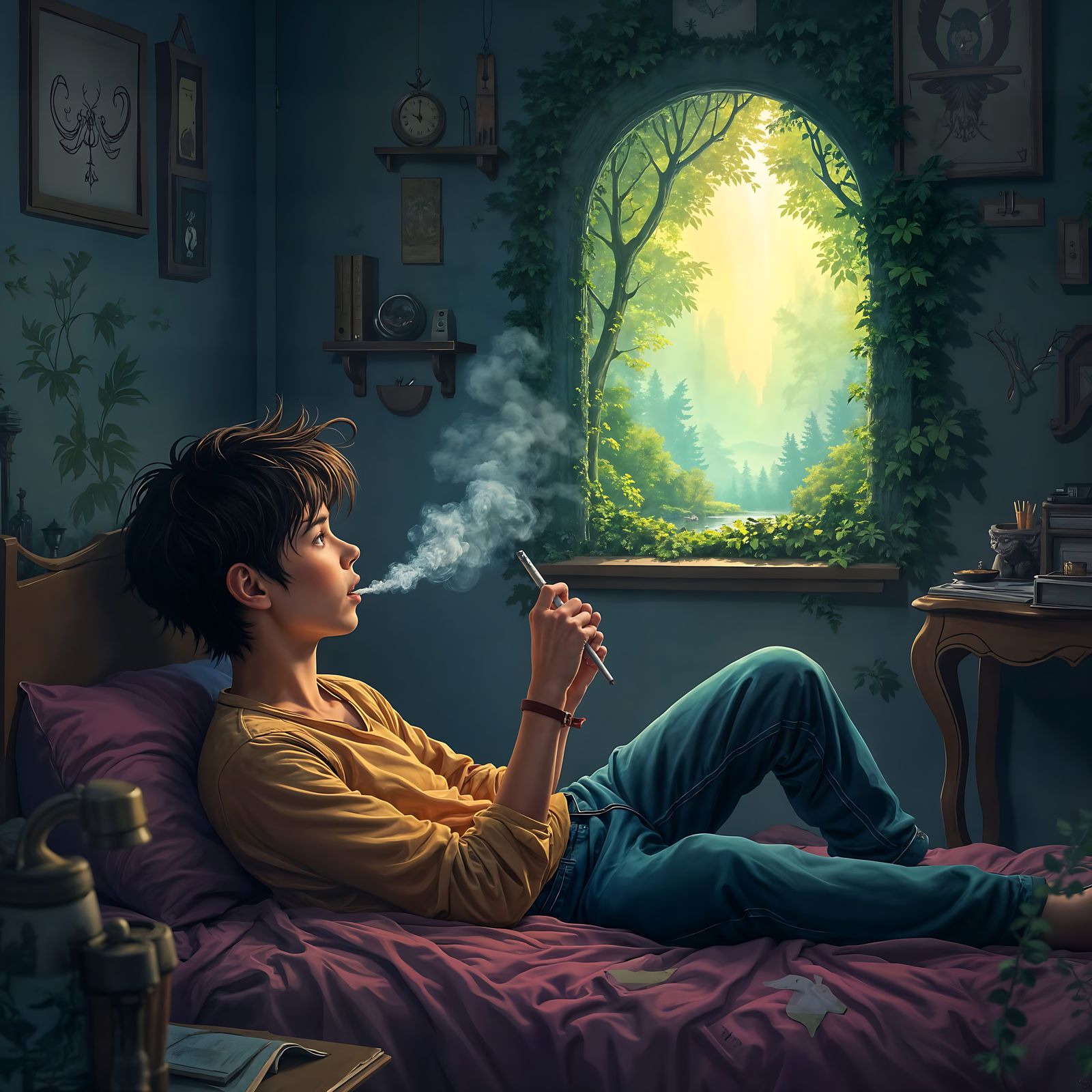 Mystical Forest Portal in Bedroom, Matte Painting Style